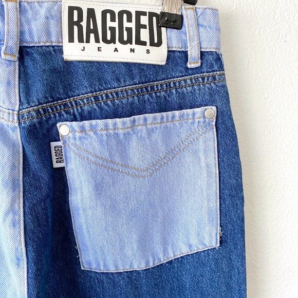 Patchwork Frayed Jeans Two Tone Denim 28 Inch Waist Jeans Trendy Y2k Grunge Punk - Picture 8 of 10